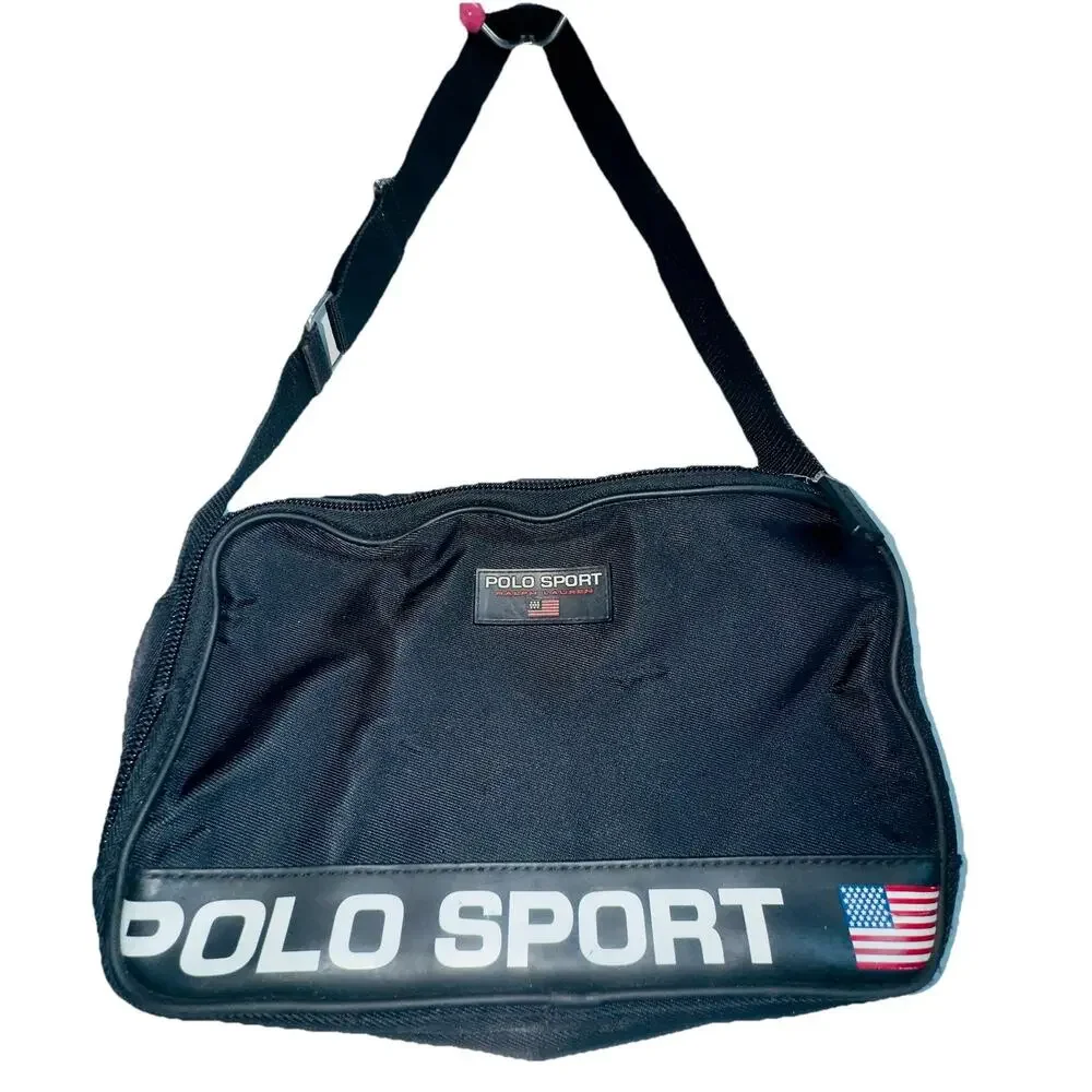 Vintage‎ 90s Polo Sport Ralph Lauren Black Crossbody Bag Men Women Nylon US Flag